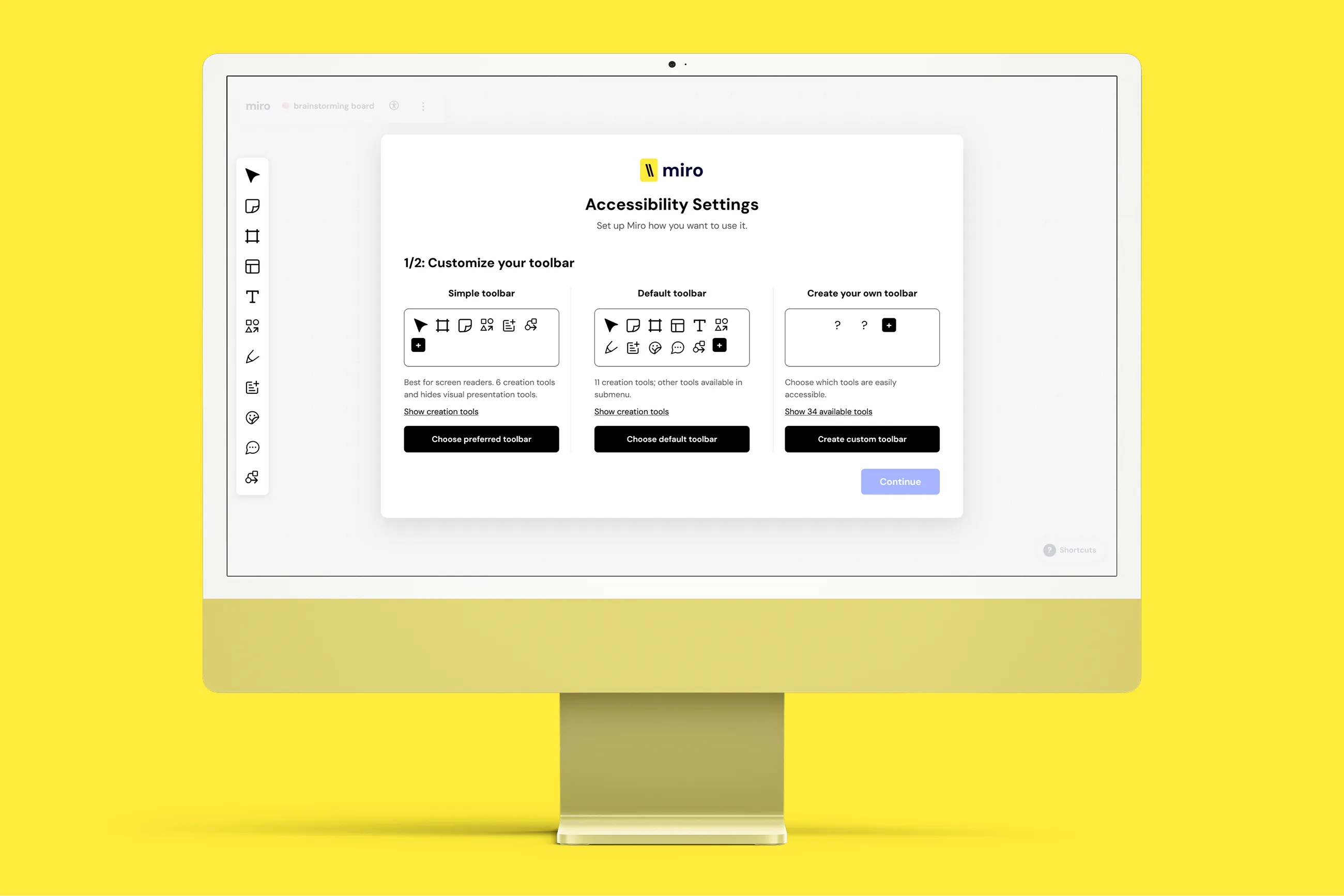 Mockup of Accessibility Settings screen showing step 1 of 2, where users pick between a simple, default, or custom toolbar layout. Shown on a desktop monitor against a yellow background.