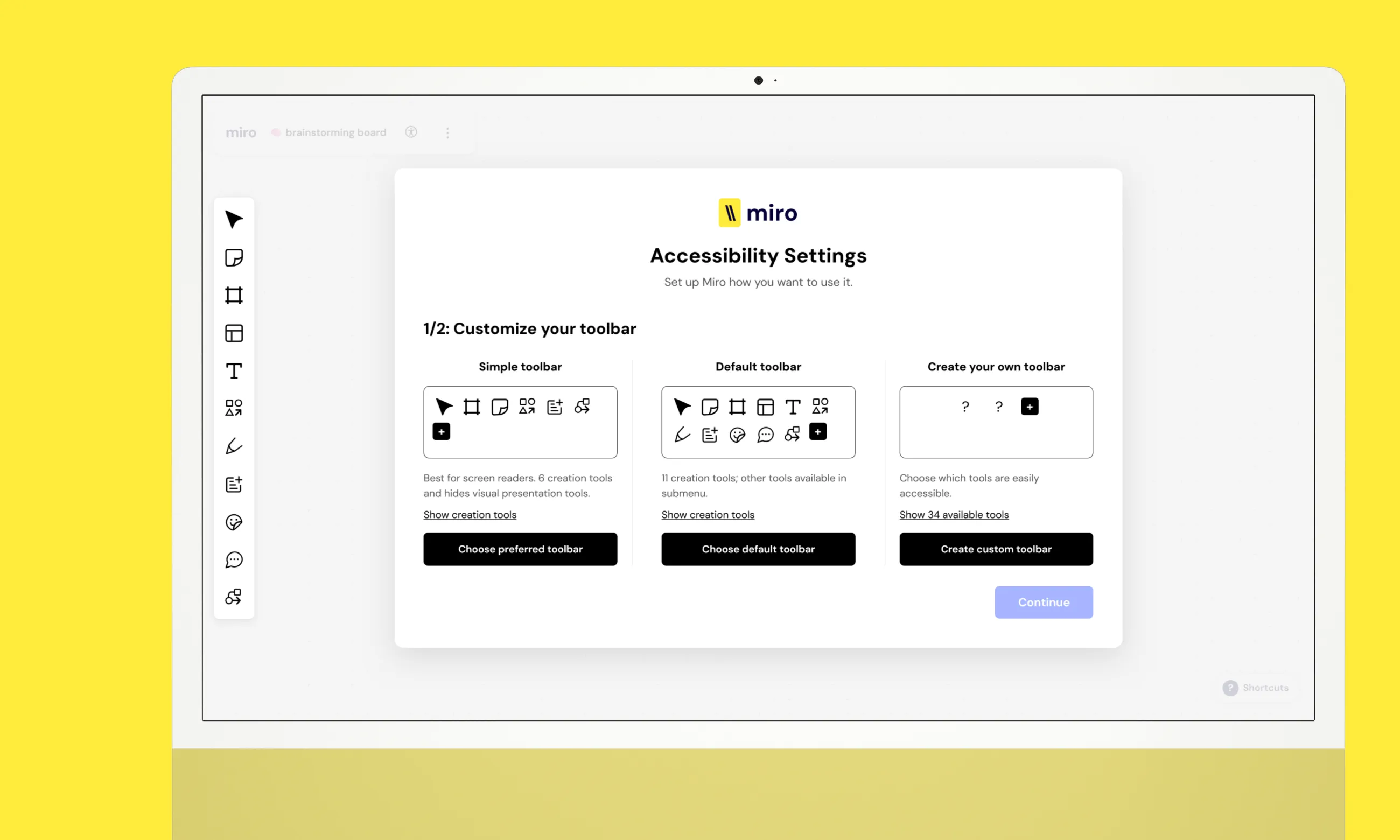 Mockup of Accessibility Settings screen showing step 1 of 2, where users pick between a simple, default, or custom toolbar layout. Shown on a desktop monitor against a yellow background.
