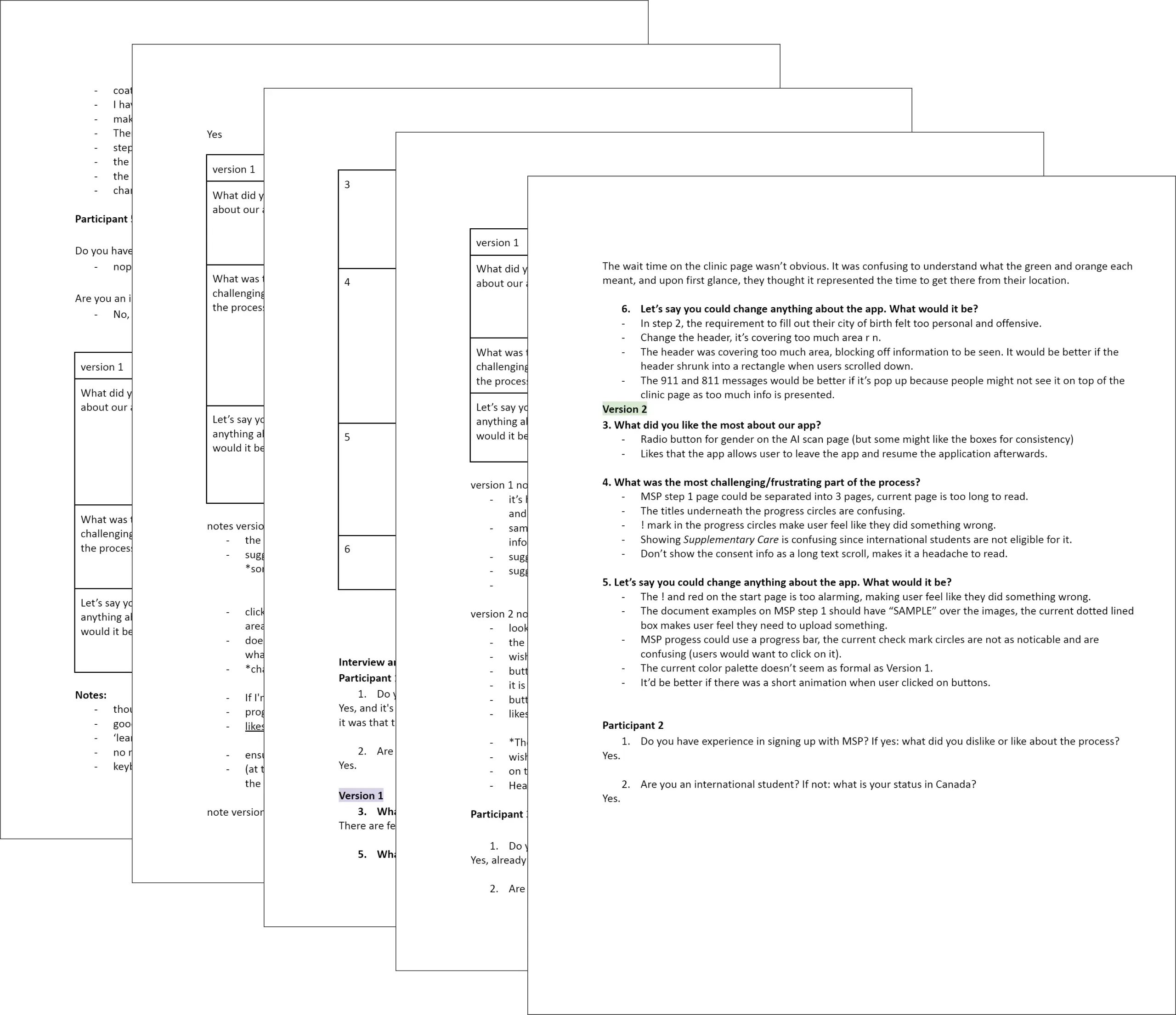 Screenshots of document notes from user testing interviews